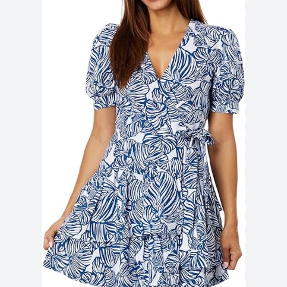 Lilly Pulitzer Blue and White Wrap Sundress with Puff Sleeves